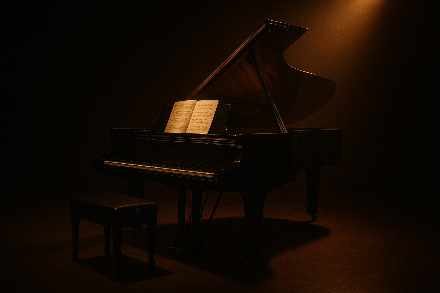 Grand piano on a lit stage