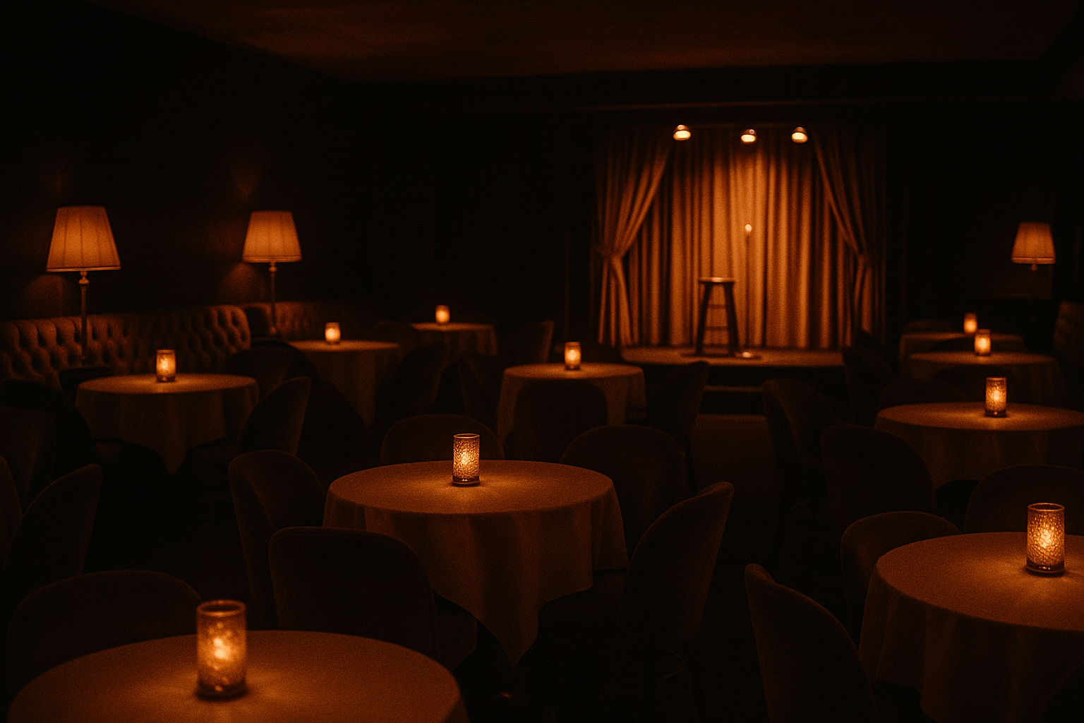 An elegant candlelit reception room set for an event